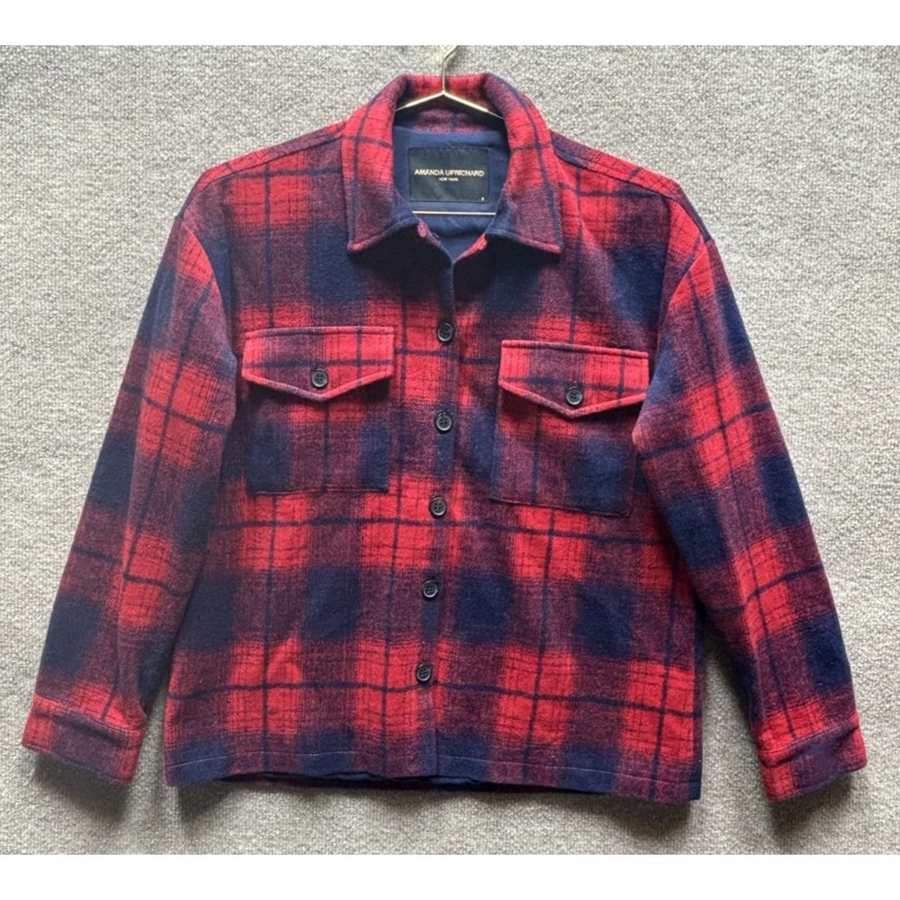 Amanda Uprichard Hollis Shirt Jacket Women S Red Plaid Wool Blend Shacket EUC